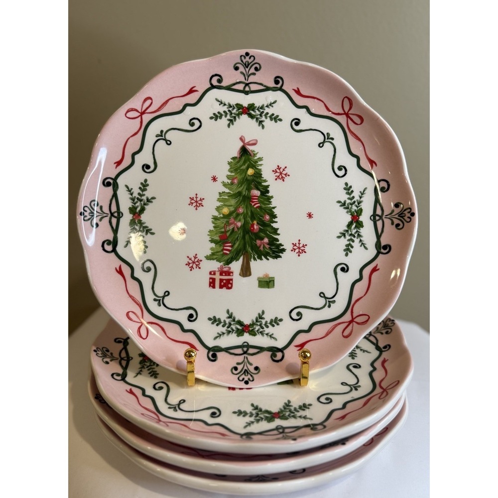 4 Potter's Studio‎ Christmas Tree Plate Set Holiday Pink Trim Dessert,8.5", New